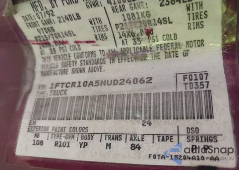 1992 Ford Ranger from USA, damaged, VIN 1FTCR10A5NUD24062